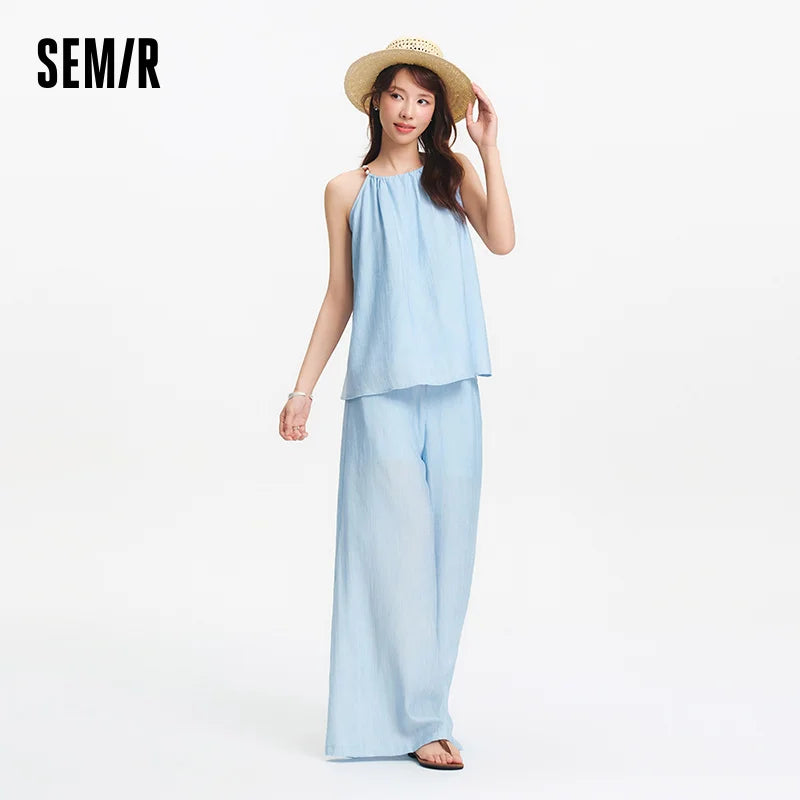 Ensemble 2 Pièces Femme Lin Pantalon Large Nœud Bretelles – Tenue Été Vacances Légère | Semir 2025