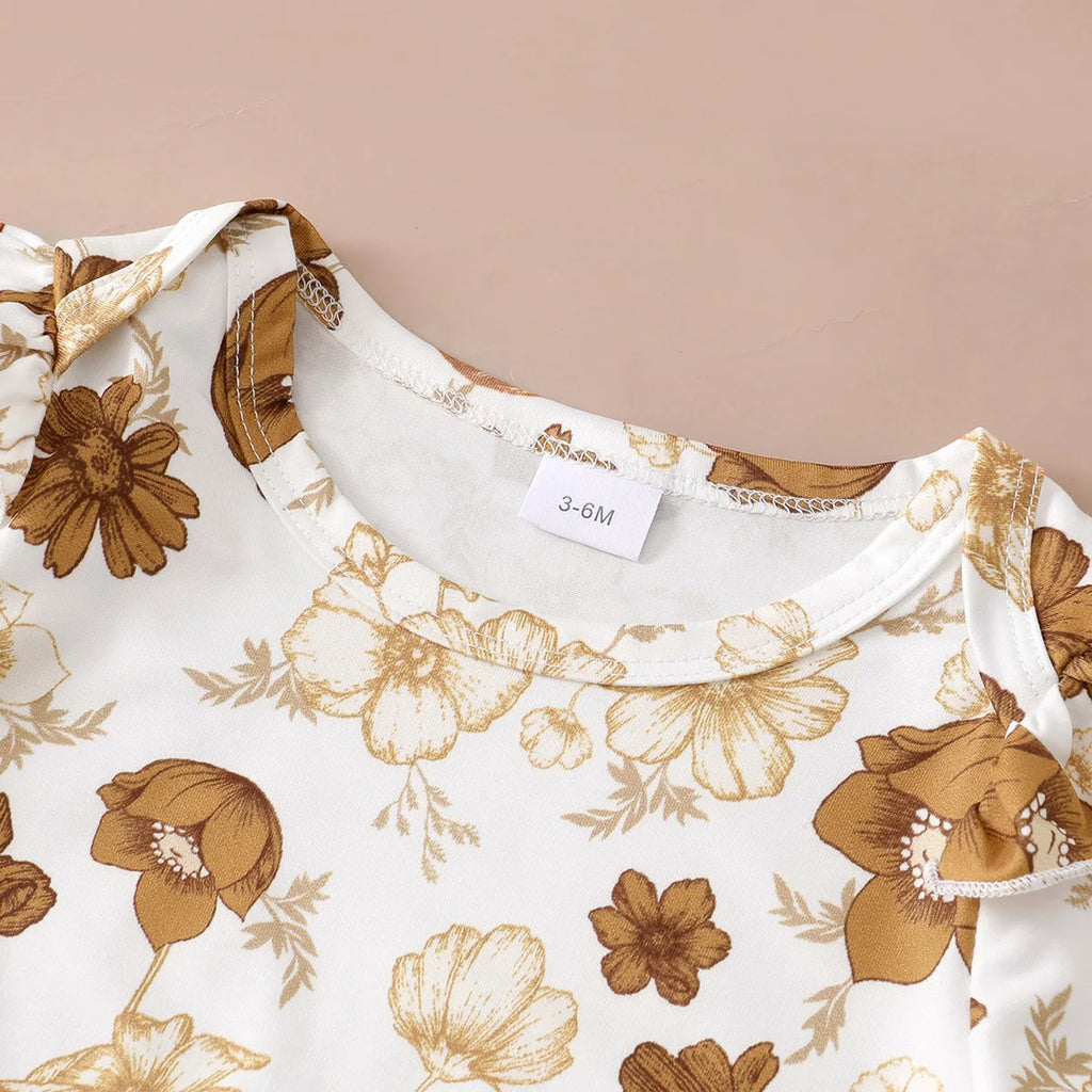 Tenue 3 Pièces Bébé Fille Fleurie – Top Manches Longues + Jupe Bretelles + Bandeau 0-12 Mois