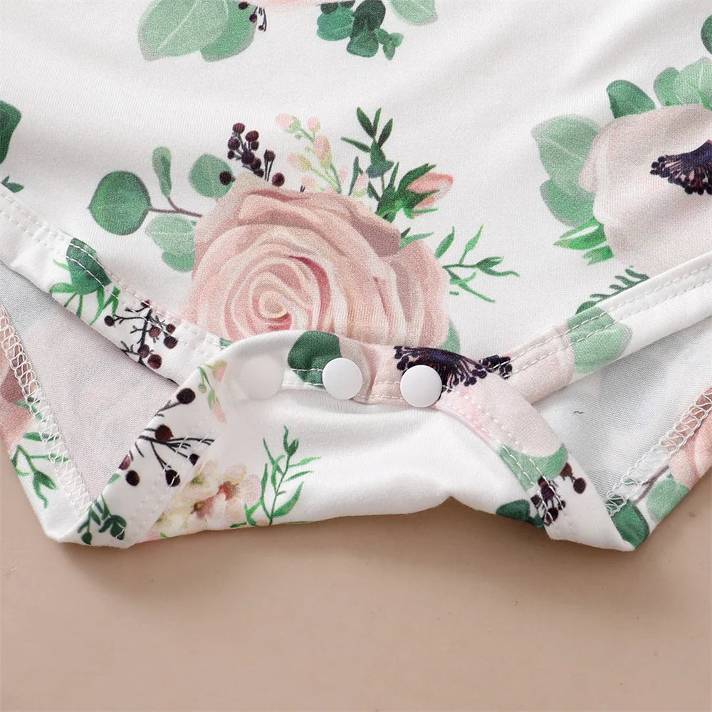 Tenue 3 Pièces Bébé Fille Fleurie – Top Manches Longues + Jupe Bretelles + Bandeau 0-12 Mois