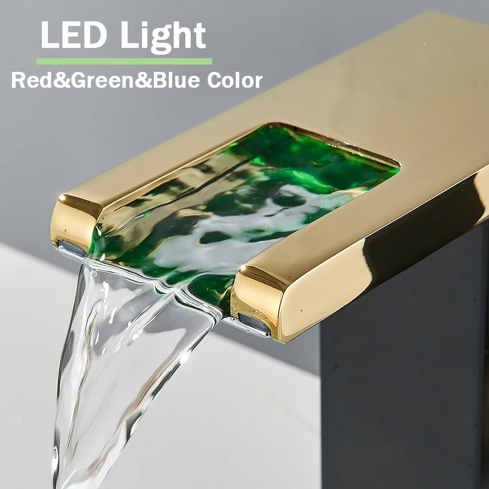 Rozin Robinet Lavabo Noir LED Cascade Hydroélectrique – Mitigeur Eau Chaude & Froide, Lumière LED Automatique | Vasque Design
