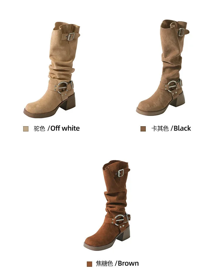 Bottes Cowboy Femme Marron Vintage Boucle Métal 2024 – Talon Carré Longues Knight Fashion