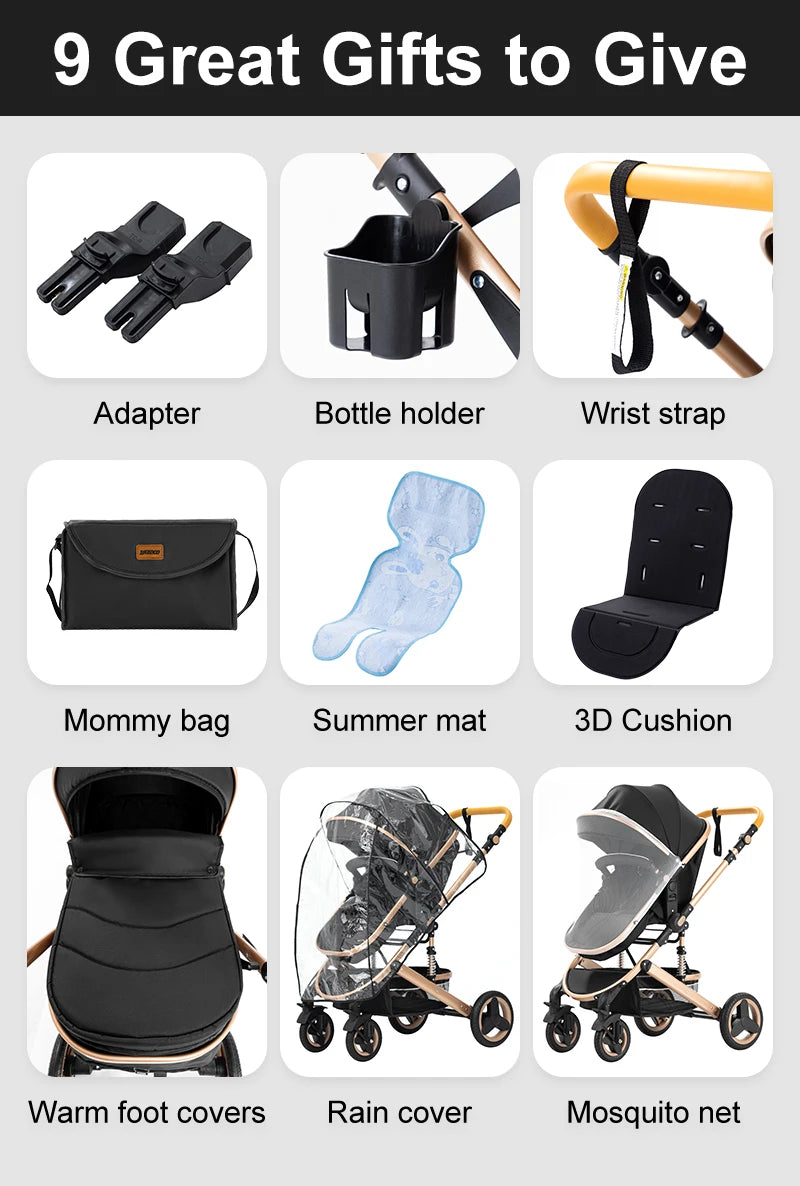 Poussette Bébé 3 en 1 Luxe Pliable Noire – Cadre Aluminium, Haute Vue, Nacelle & Siège | Voyage Nouveau-Né & Nourrisson