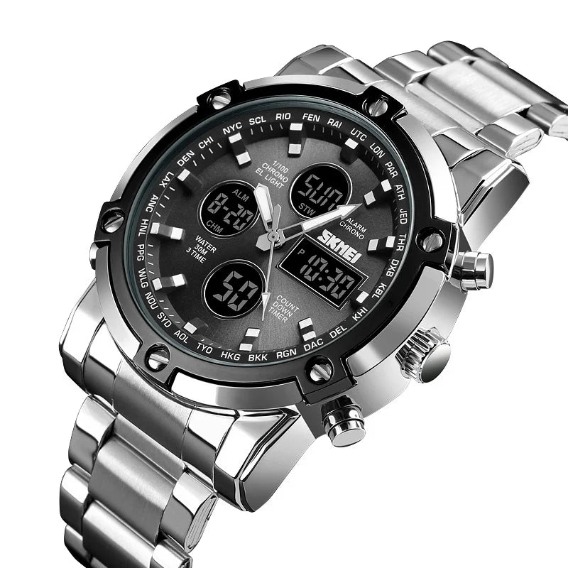 Montre Homme SKMEI Luxe Bracelet Acier 3 Fuseaux Horaires LED Sport Alarme Analogique Digitale Chronomètre | Montre SKMEI Multifonction Sport Luxe Premium