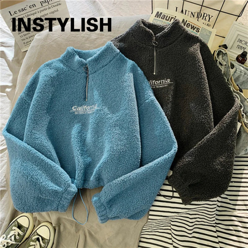 Sweat Court Femme Col Montant Polaire Brodé Cordon Manches Longues Velours Peluche Élégant – Hoodie Crop | Automne