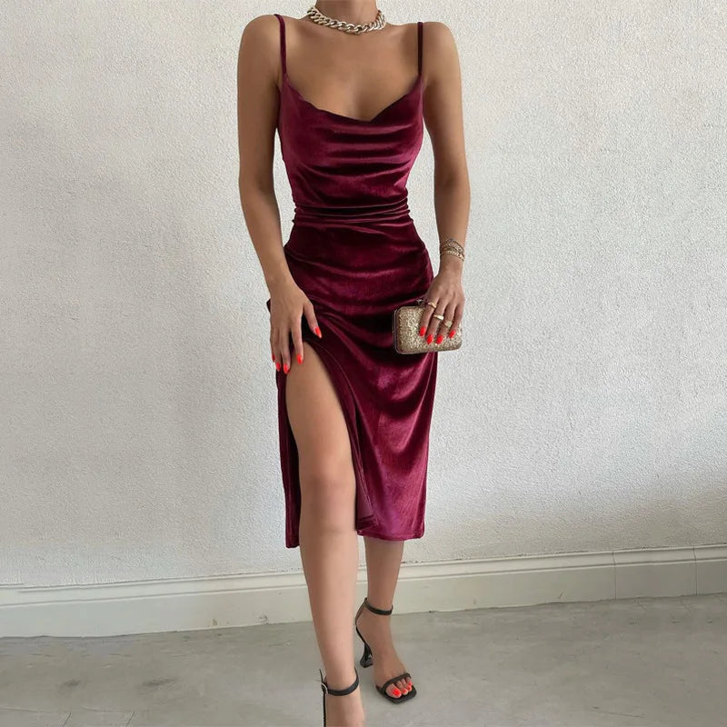Robe Maxi Velours Sans Manches Fente Sexy - Style Y2K Élégant Soirée & Streetwear Femme