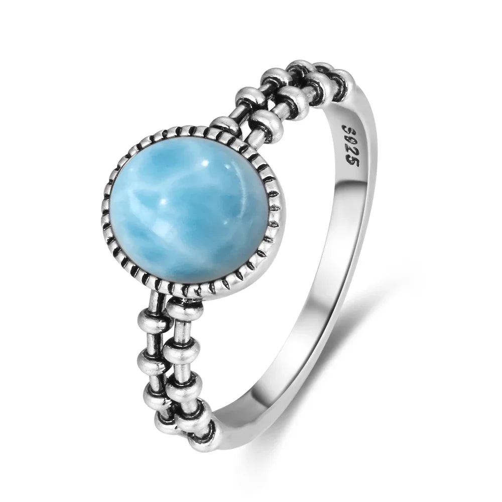 Bague Argent 925 Pierre Larimar Naturelle Vintage – Forme Fleur Ronde Bleu Ciel & Eau de Mer | Bijou Fin Unisexe Pierre Rare des Caraïbes & Cadeau Premium