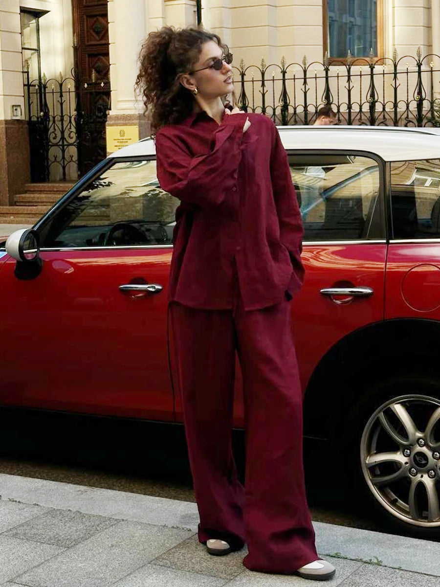 Damen-Zweiteiler aus Baumwolle, legeres Reverskragenhemd mit langen Ärmeln und Hose mit elastischem Bund, einfarbig, bequem – Sommer-Outfit | Bornladies