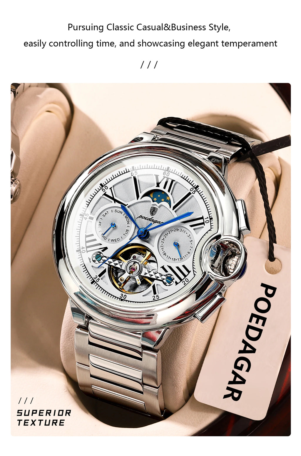 Montre Homme POEDAGAR Tourbillon Automatique Militaire – Acier Date Semaine Étanche