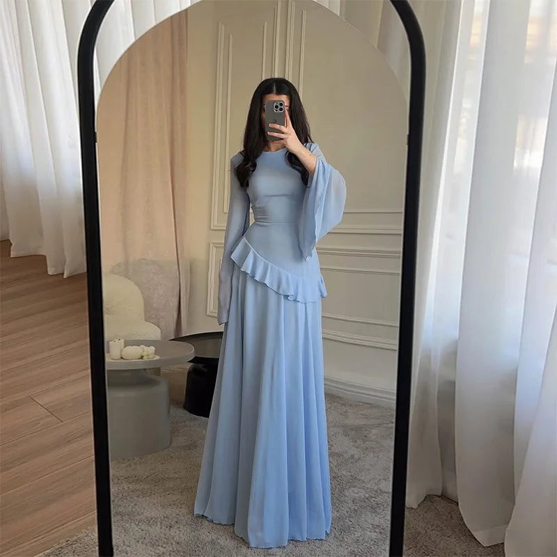 Robe Maxi Femme Chiffon Unie Volants Manches Papillon Col Rond – Élégante Soirée & Gala | 2025