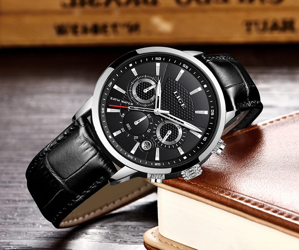 Montre Homme Luxe LIGE Chronographe Quartz Cuir – Business Sport Étanche Date 2025