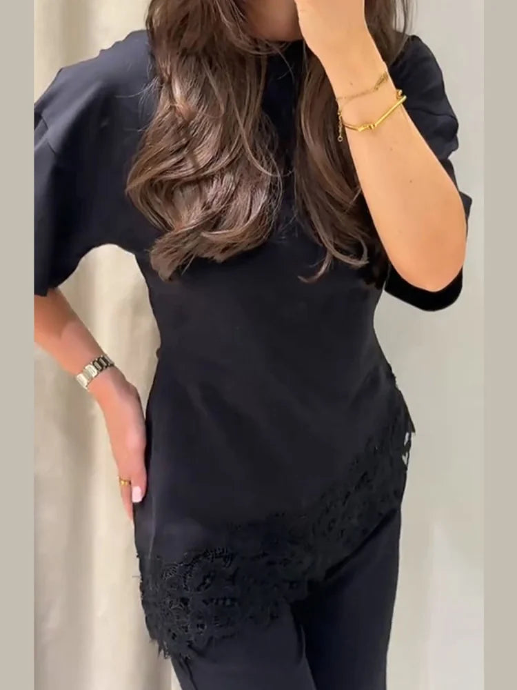 Top elegant aus Satin mit Spitze, Patchwork, Langarm, Spaghettiträgern – Lässige Bluse für Damen | Frühling 2026