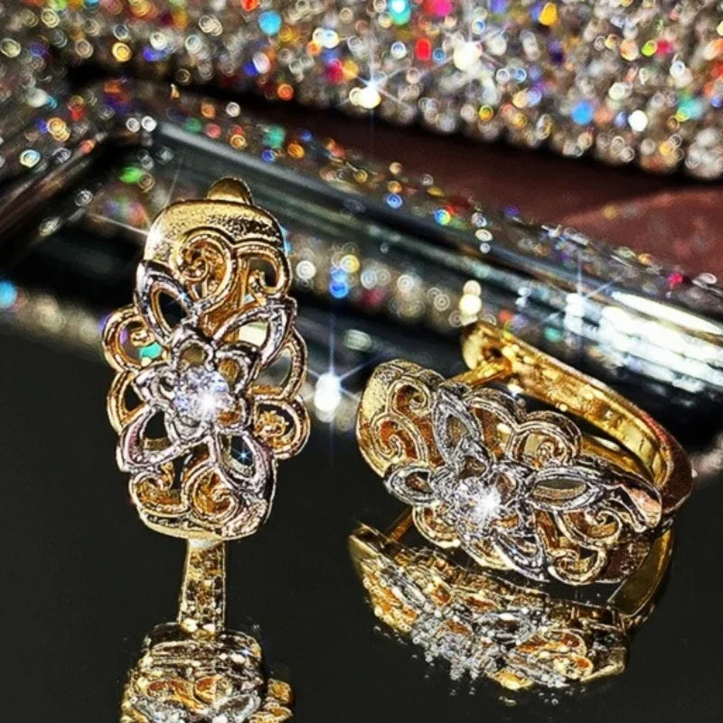 Créoles Luxe Pavées Zircon Couleur Or — Boucles d'Oreilles Femme Élégantes