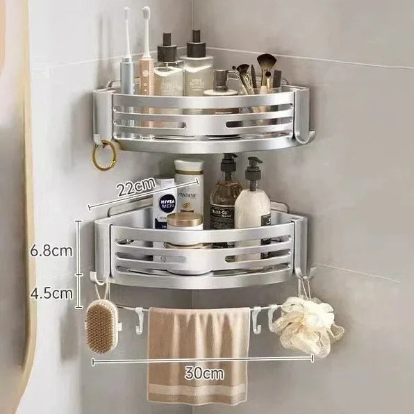 Étagère d’Angle Salle de Bain Aluminium – Sans Perçage Autocollant | Rangement Shampooing & Maquillage