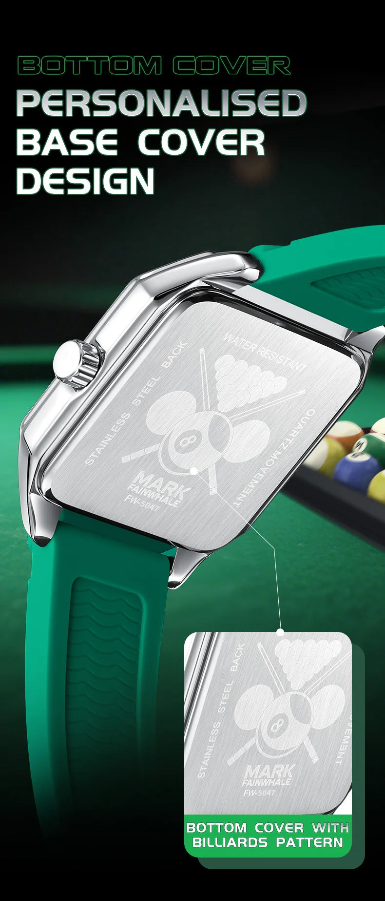 Herrenuhr Mark Fairwhale 5047 Quarz Quadratisch – Leuchtendes Billardzifferblatt Kautschuk Fashion