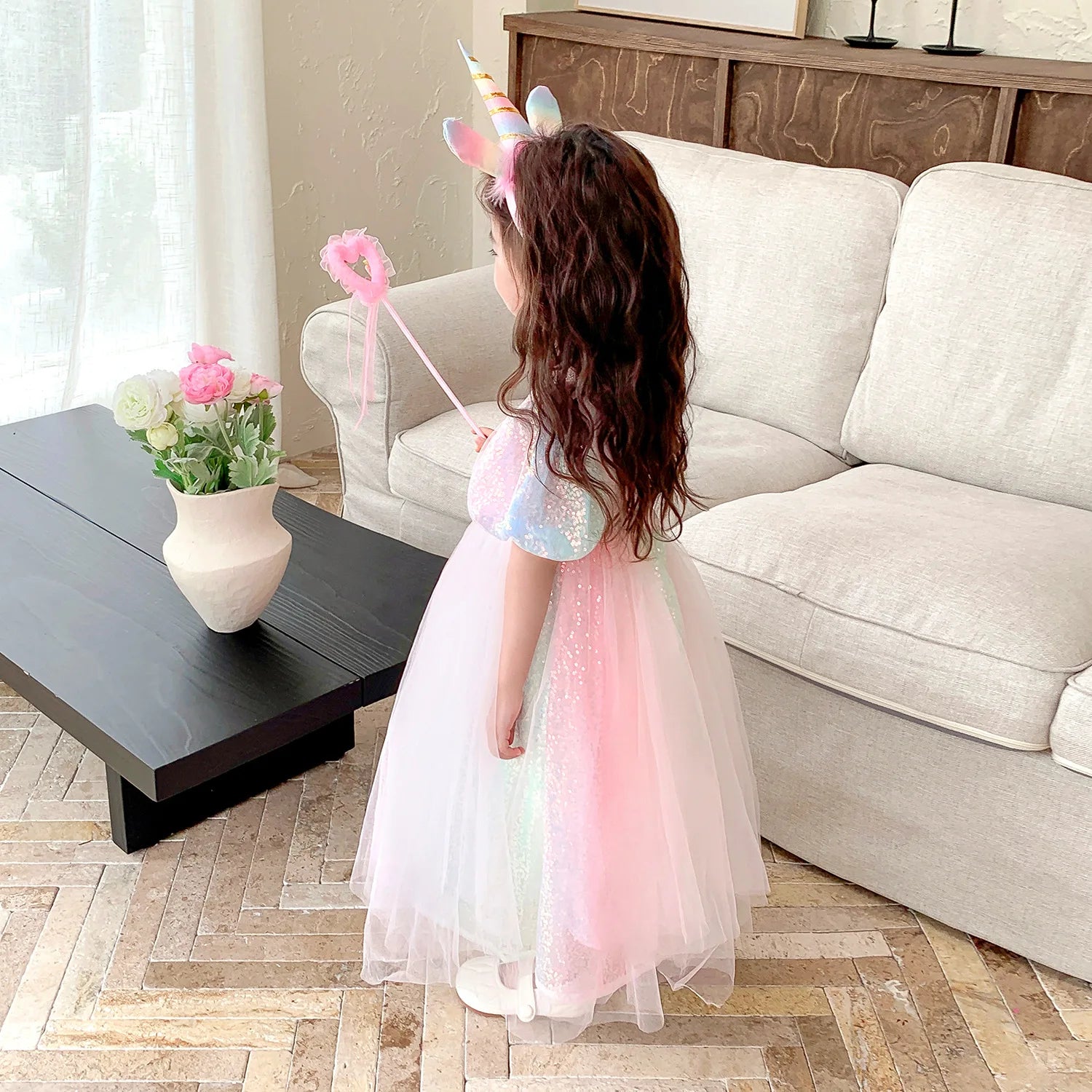 Meerjungfrau Prinzessin Kleid Mädchen Pailletten Perlen Puffärmel – Faschingskostüm Halloween Cosplay