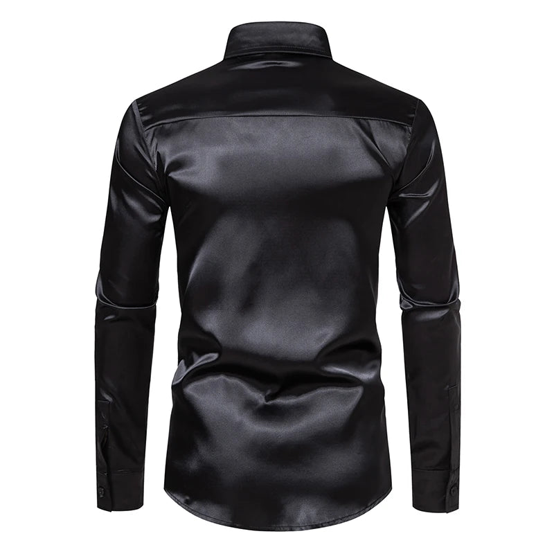 Chemise Homme Satin Noir Luxe Soie Lisse Tuxedo Mariage Soirée Prom Casual Business Bureau Élégante Couleur Unie Premium – Chemise Satin Luxe Cérémonie | Mode Homme Luxe Cérémonie Premium