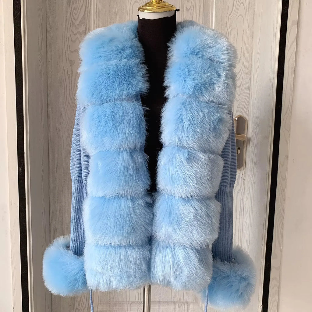 Damen Cardigan Strick Kragen Kunstpelz Fuchs Elegant – Chic & Luxuriöser Pullover Mantel | Frühling Herbst