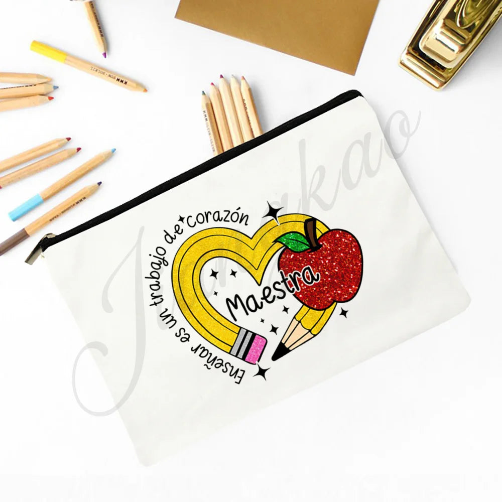 Trousse Maquillage Maestra Imprimé Coeur Espagnol – Organisateur Voyage & Crayon | Cadeau Enseignante