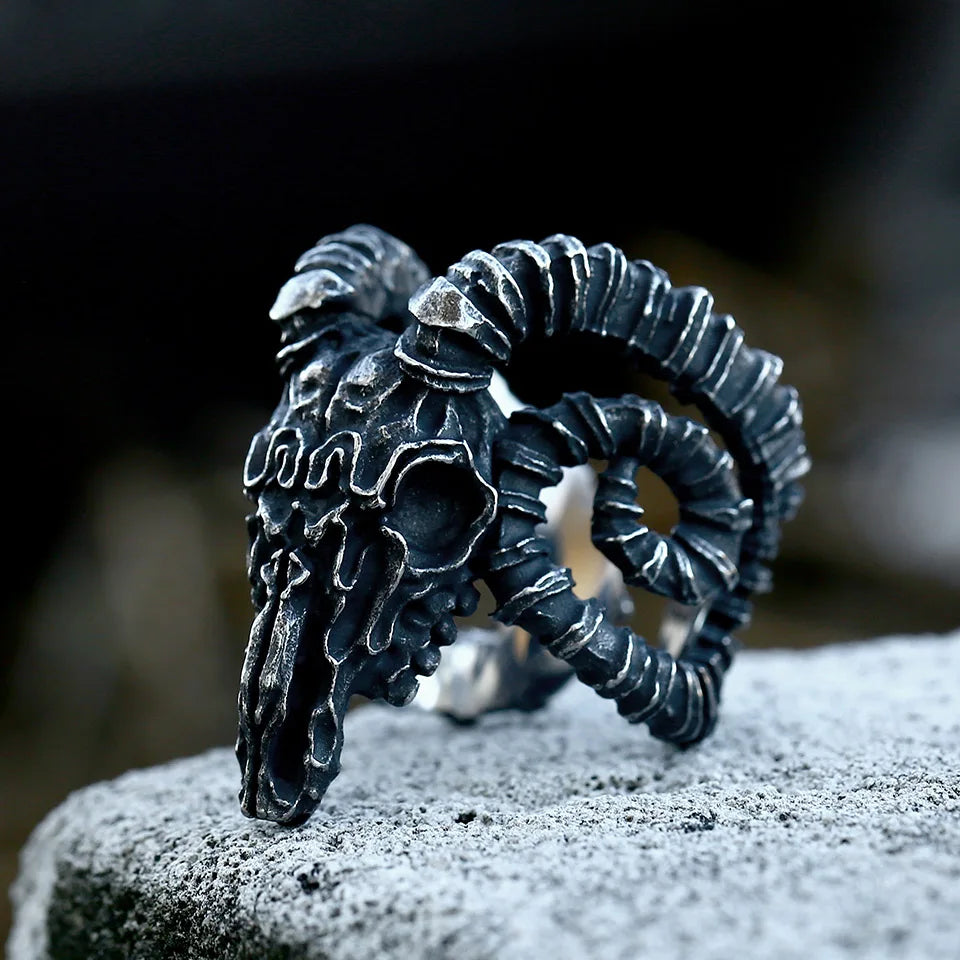 Bague Viking Tête de Bélier Acier Inoxydable 316L — Bijou Homme Vintage Ajustable