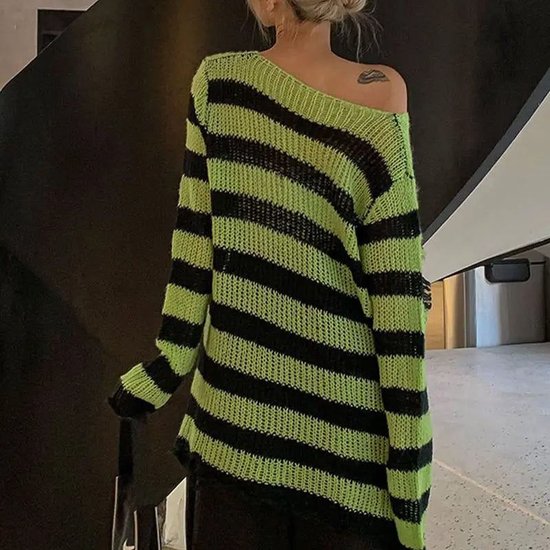 Gothic Damen Strickpullover Lila Streifen Zerrissen Ausgefranst – Fairy Grunge Lolita Emo Streetwear Stil