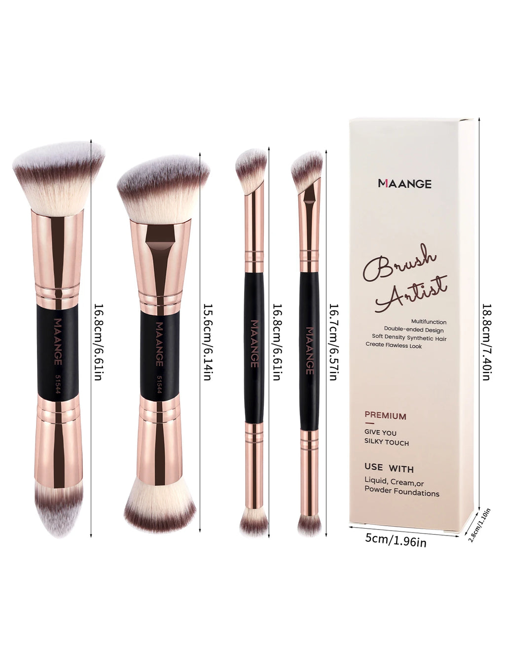 Set 4 Pinceaux Maquillage MAANGE Double Embout – Fond de Teint, Poudre & Fards | Boîte Voyage Débutante
