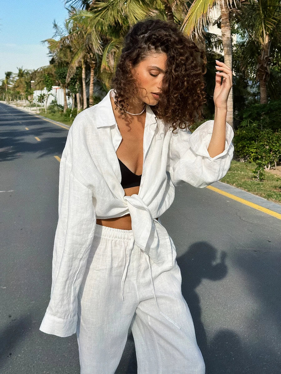 Damen-Zweiteiler aus Baumwolle, legeres Reverskragenhemd mit langen Ärmeln und Hose mit elastischem Bund, einfarbig, bequem – Sommer-Outfit | Bornladies