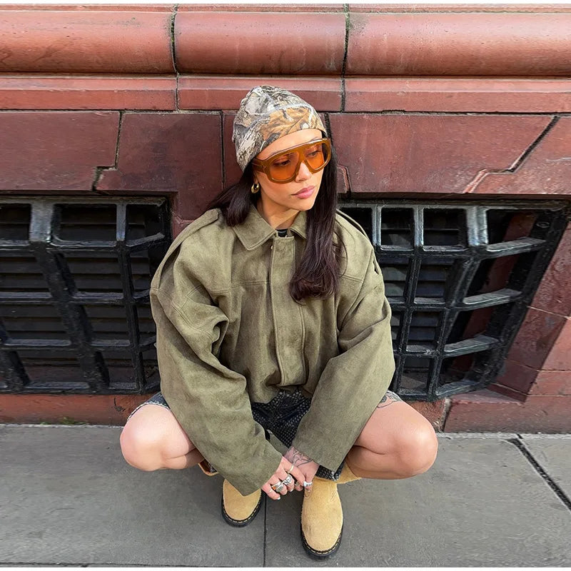Veste Femme Suède Vert Élégante Manches Bouffantes Revers Fermeture Éclair Ample Plissée – Blouson Court Streetwear Printemps Automne | Mode 2025