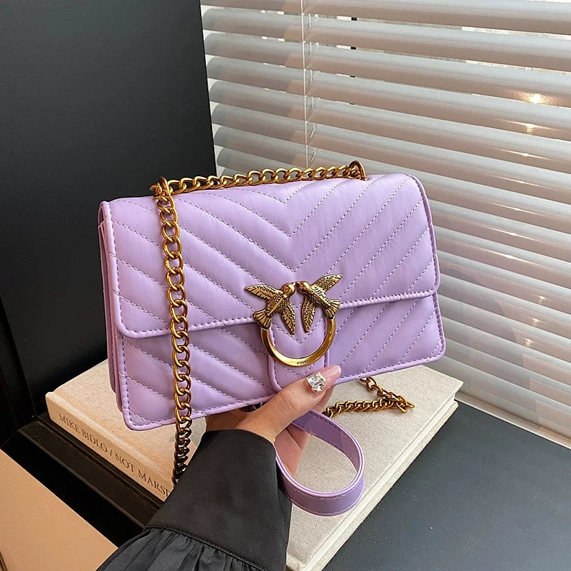 Sac Bandoulière Femme Chaîne Métal Logo – Pochette Crossbody Couleur Unie Fermeture Magnétique