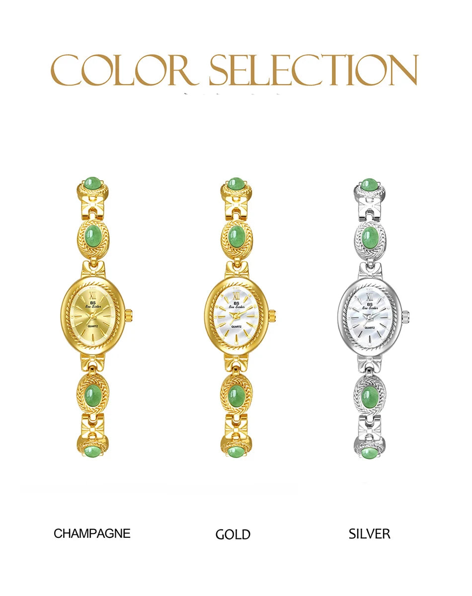 Montre Femme Luxe Jade Bracelet Quartz Dorée – Élégante Fashion Cadeau Idéal