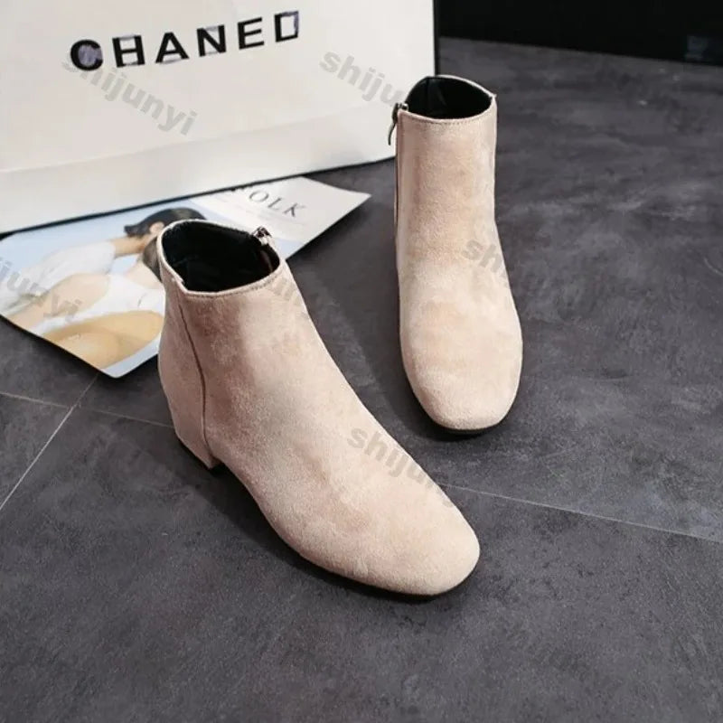 Bottines Suède Chunky Heel Snow Goth Femme – Mi-Talon Tendance Walking Élégant Automne