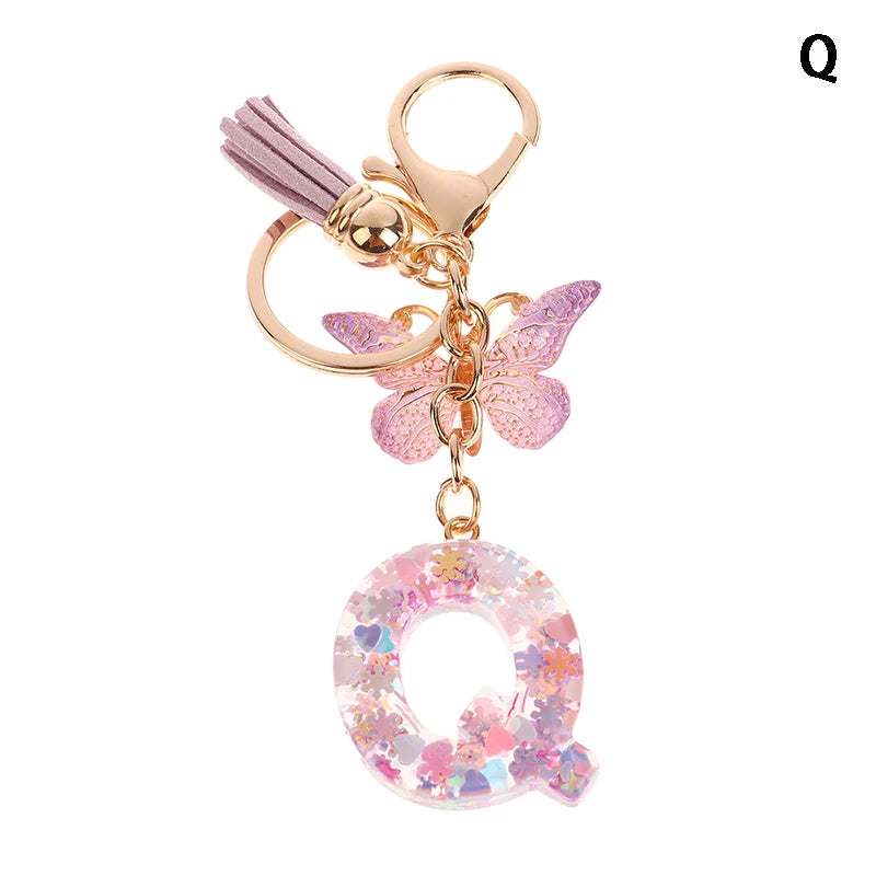 Porte-Clés Lettre Initiale Sequins Femme – Pendentif Papillon Pompon Sac Voiture Bijou