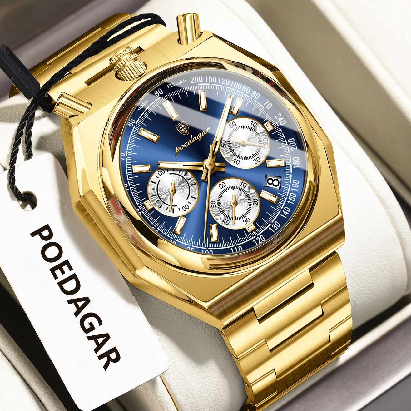 Montre Homme Luxe POEDAGAR Chronographe Militaire Acier Inoxydable Lumineux Étanche + Boîte