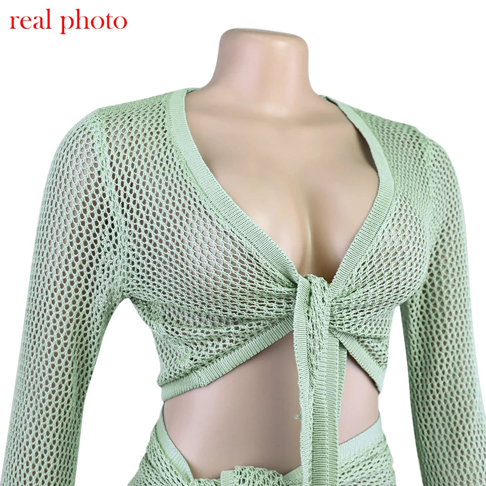 Ensemble 2 Pièces Tricoté Ajouré Femme – Top + Jupe Portefeuille Fente Élégante | Été Plage Vacances