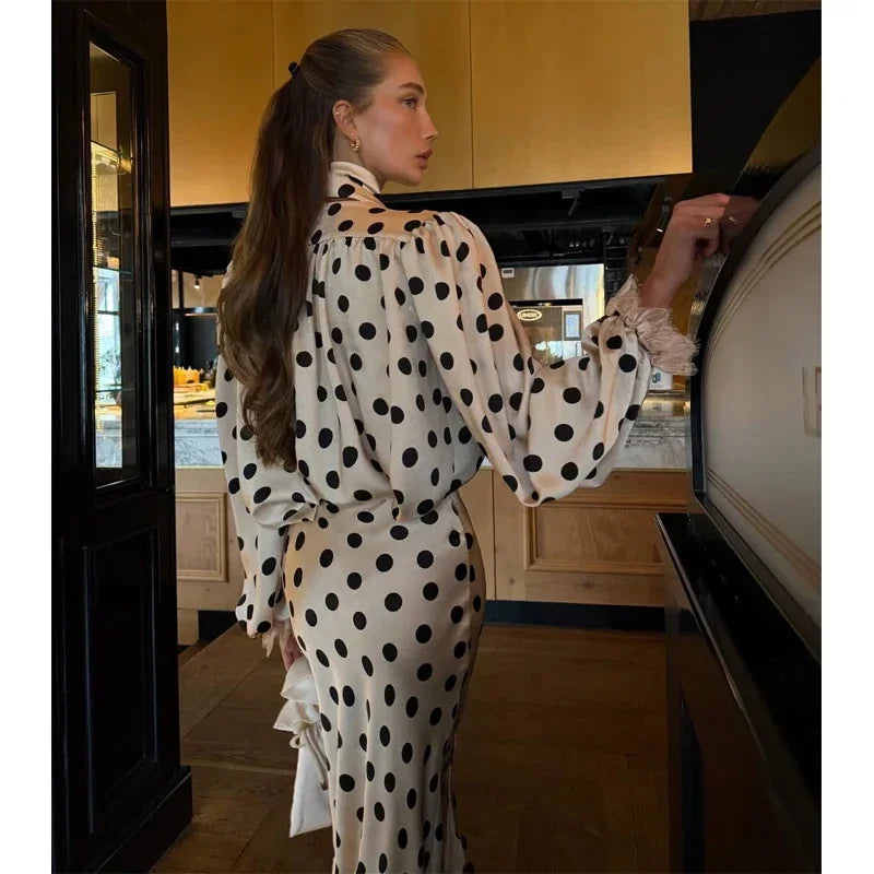 Ensemble 2 Pièces À Pois Femme - Chemise Manches Longues & Jupe Avec Foulard | Style Élégant Printemps 2026