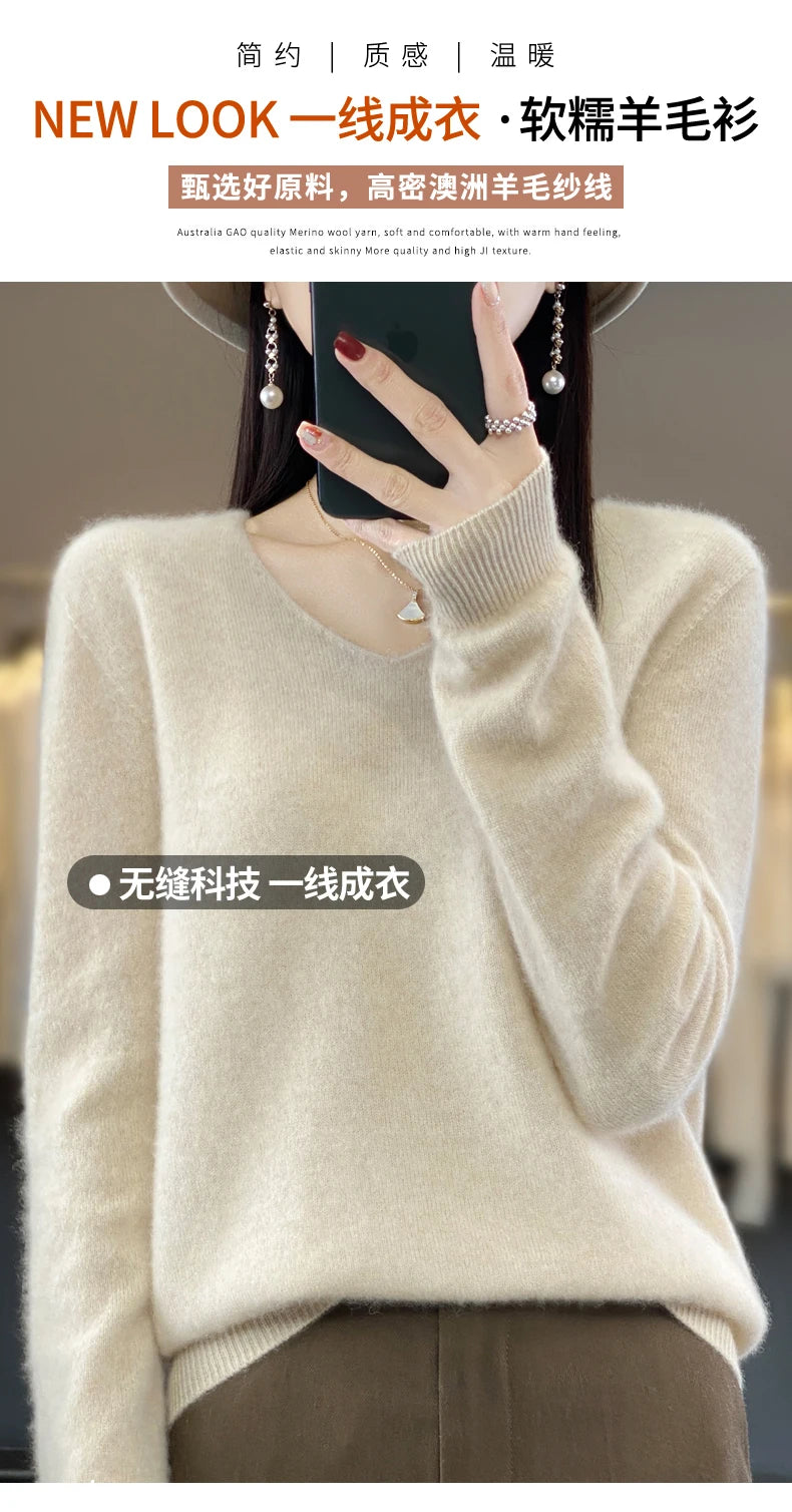 Kaschmirpullover 100% Wolle V-Ausschnitt Damen - Strick Casual Korean Fashion Herbst Winter