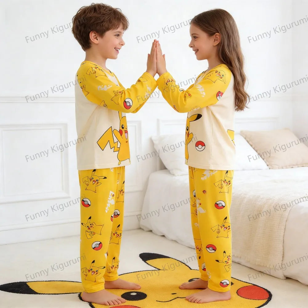 Pyjama Enfant Cartoon Pikachu – Ensemble 2 Pièces Manches Longues Garçon Fille 3-13 Ans