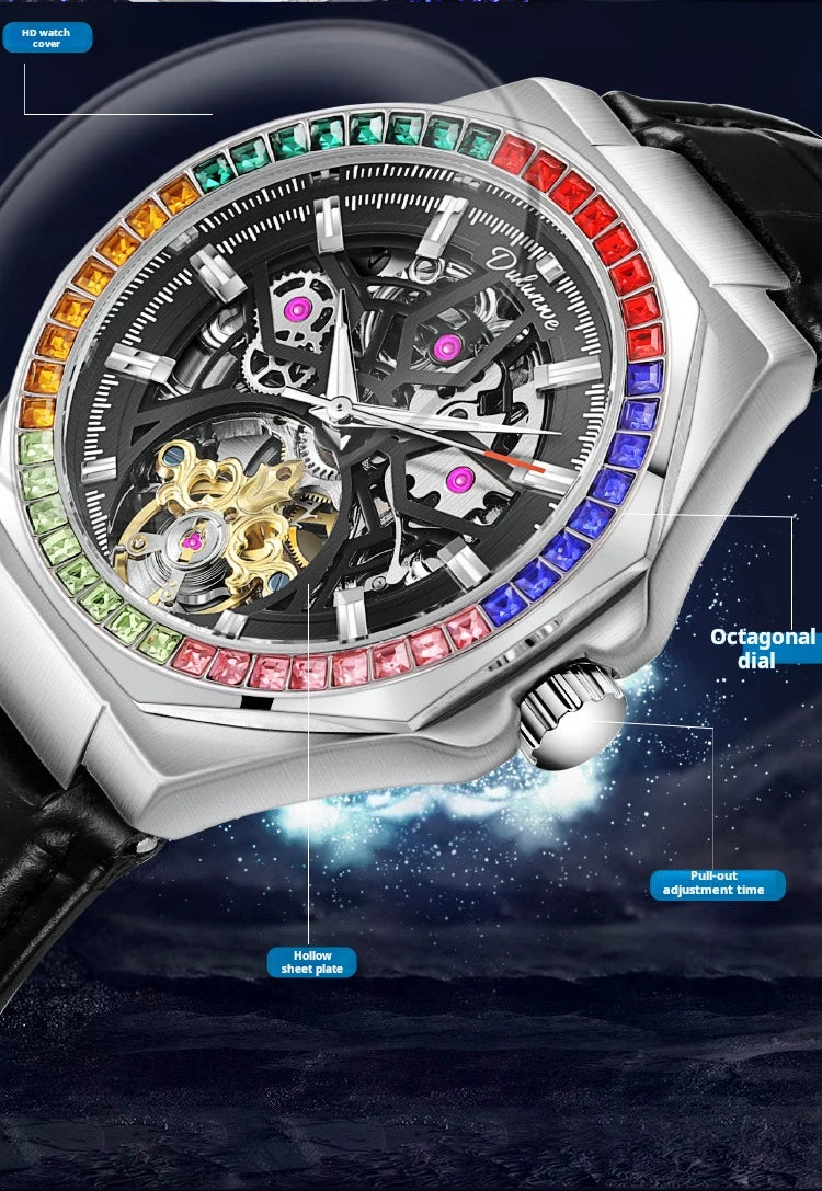 Montre Homme Tourbillon Automatique Mécanique – Lunette Gemmes Arc-en-Ciel Sport Business
