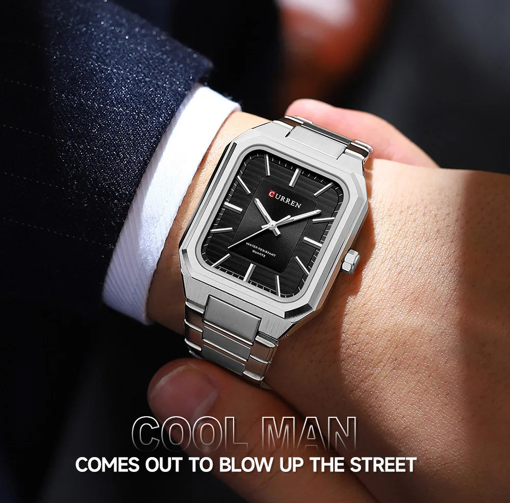 Montre Homme CURREN Vintage Rectangle Acier Inoxydable Quartz Lumineux Étanche – Style Rétro Chic