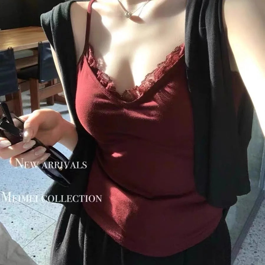 Camisole Dentelle Crop Top Femme Sans Manches – Style Coréen Coquette | Blanc Noir Y2K Été