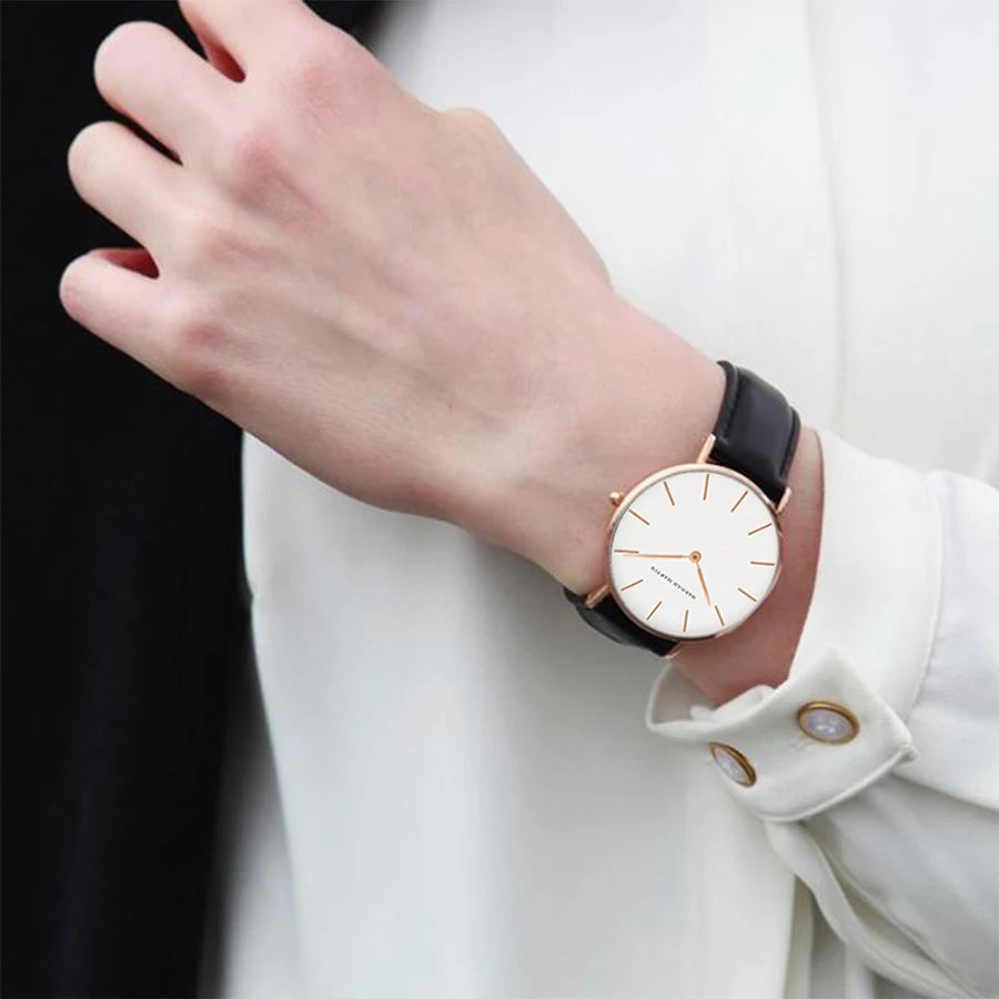 Montre Femme Luxe HANNAH MARTIN Ultra-Fine 36mm Cuir Or Rose – Étanche Élégante Fashion