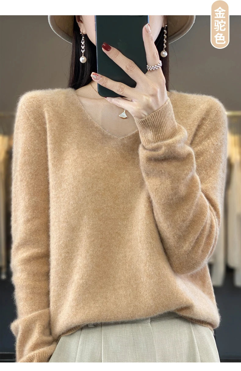 Kaschmirpullover 100% Wolle V-Ausschnitt Damen - Strick Casual Korean Fashion Herbst Winter