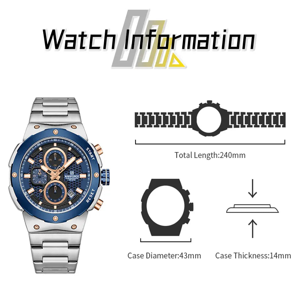 Montre Homme Chronographe Sport Luxe NAVIFORCE – Quartz Date Fashion Masculino