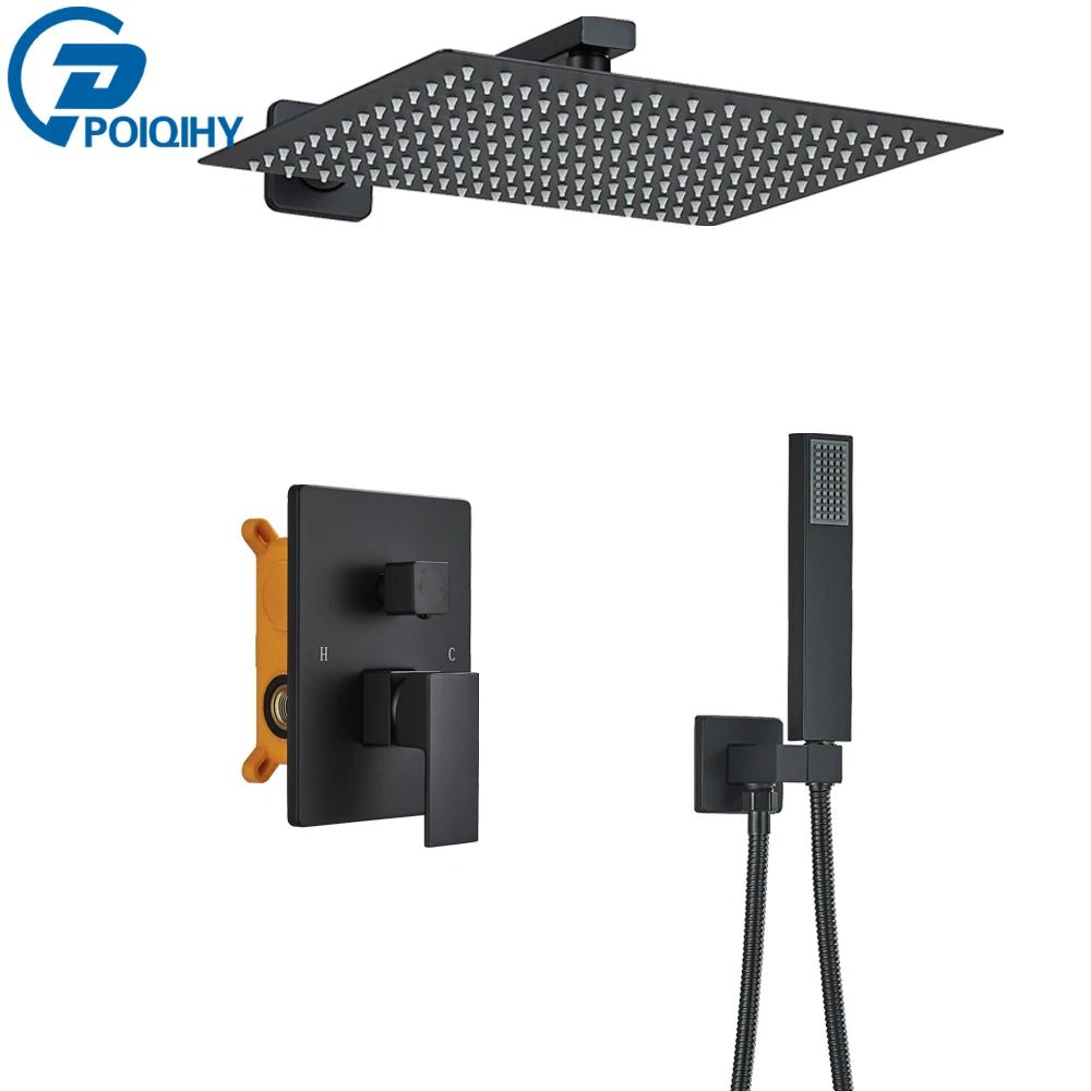Ensemble Douche Encastré Noir Mat – 2-3 Voies, Mitigeur Caché, Pommeau Pluie | Salle de Bain Design