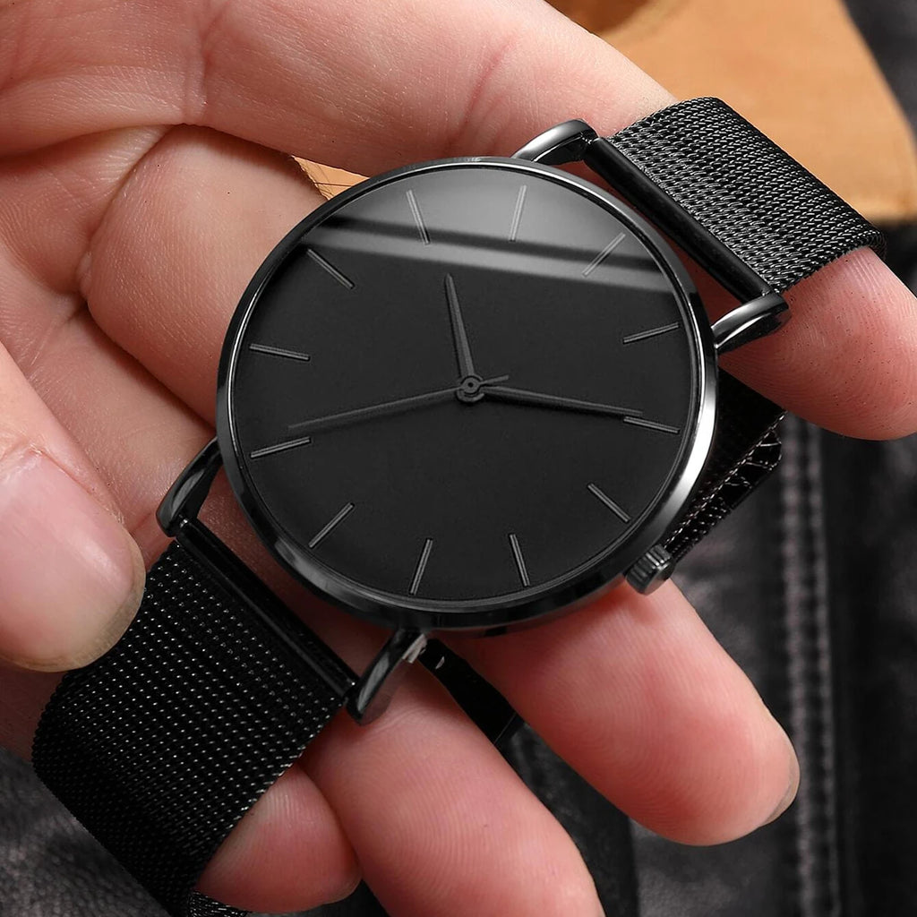 Montre Homme Business Fashion Maille Noire Quartz – Élégante Minimaliste Tendance