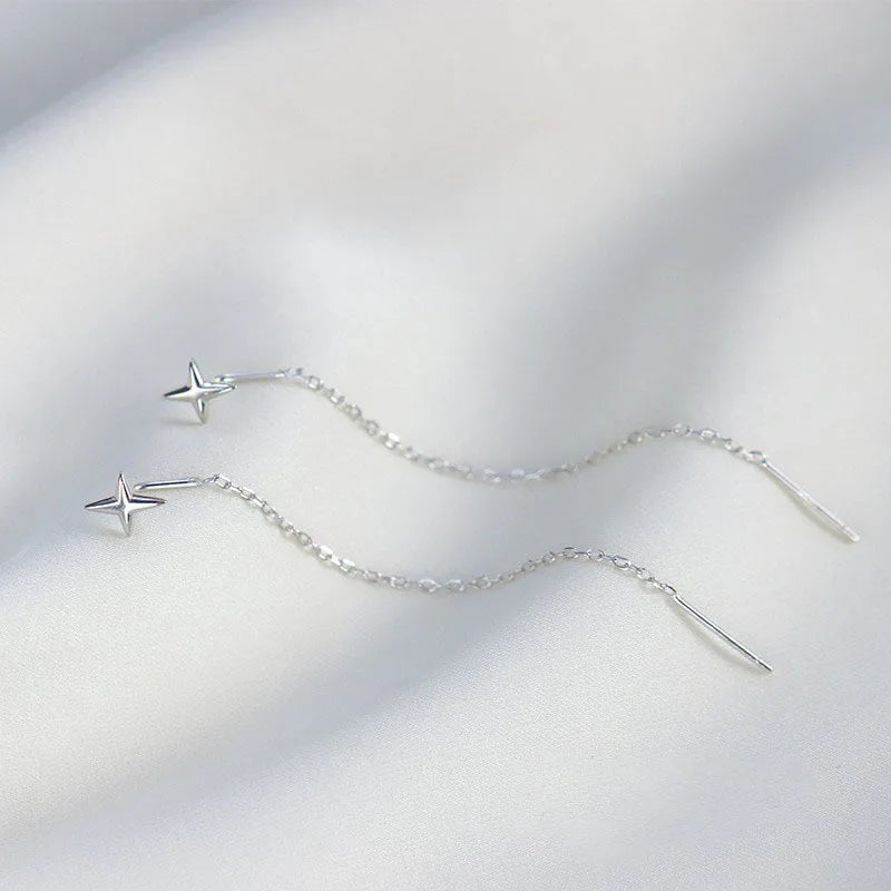 Boucles d'Oreilles Pendantes Longues Chaîne Étoile Argenté – Aiguille Droite Piercing | Style Minimaliste Tendance | Bijou Femme Mode & Soirée