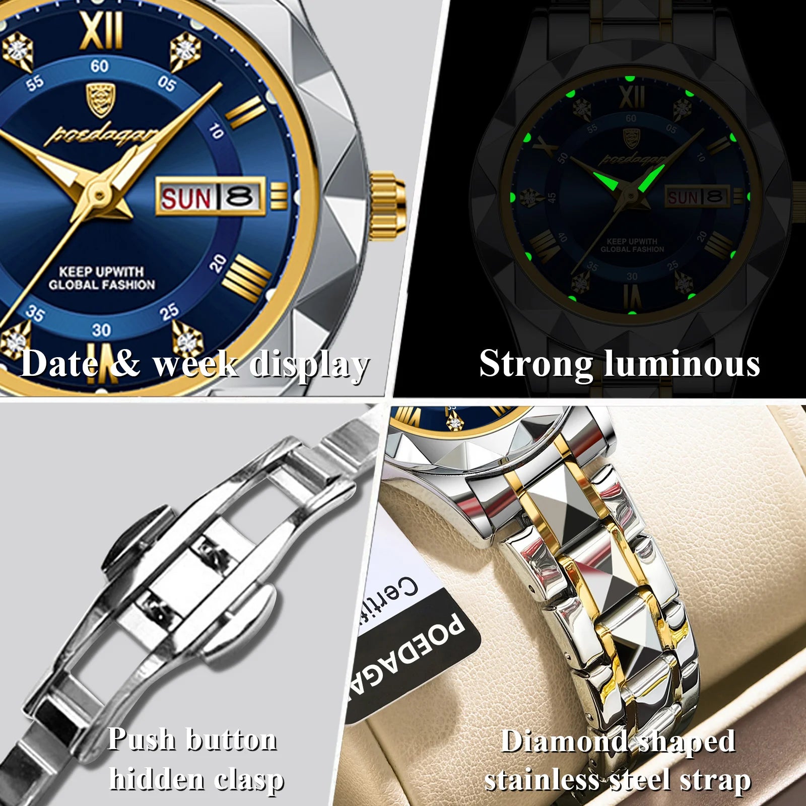 Montre Femme POEDAGAR Casual Quartz Lumineuse – Acier Inoxydable Étanche Date Semaine Fashion