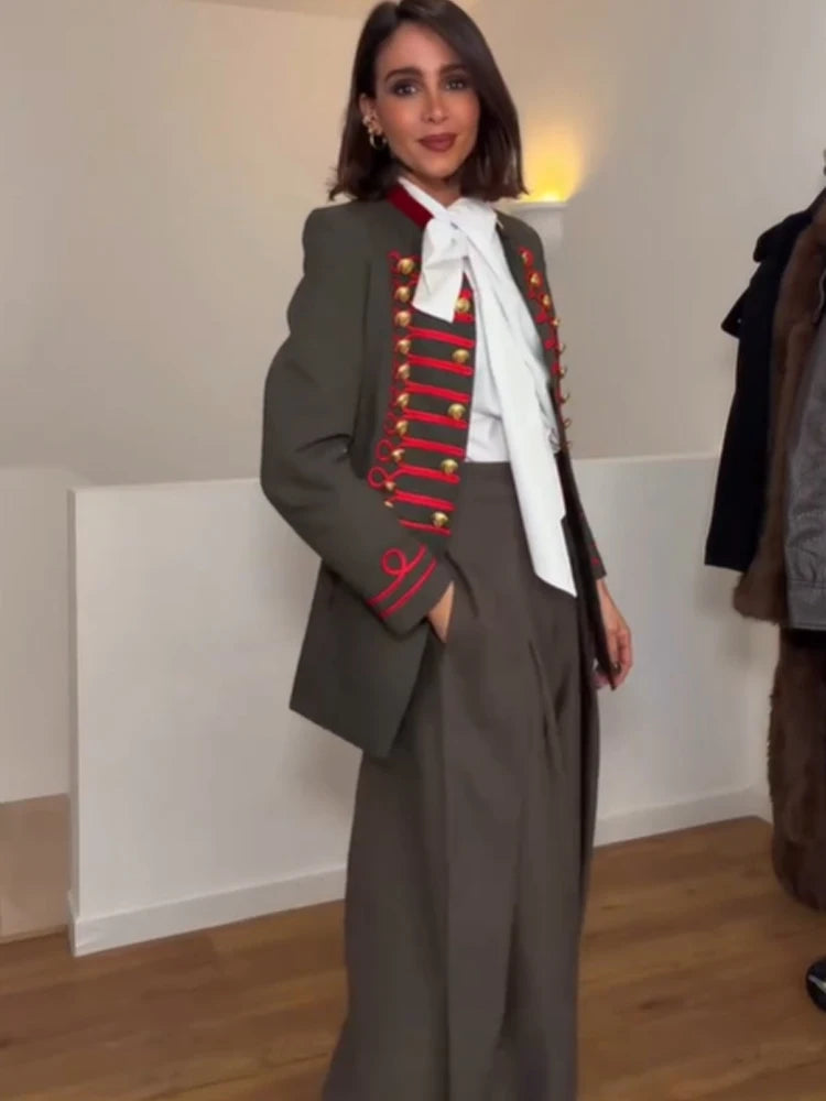 Veste Courte Femme Style Militaire Napoléon Vert Kaki Col Droit Boutonnage Simple – Chic Rétro High Street