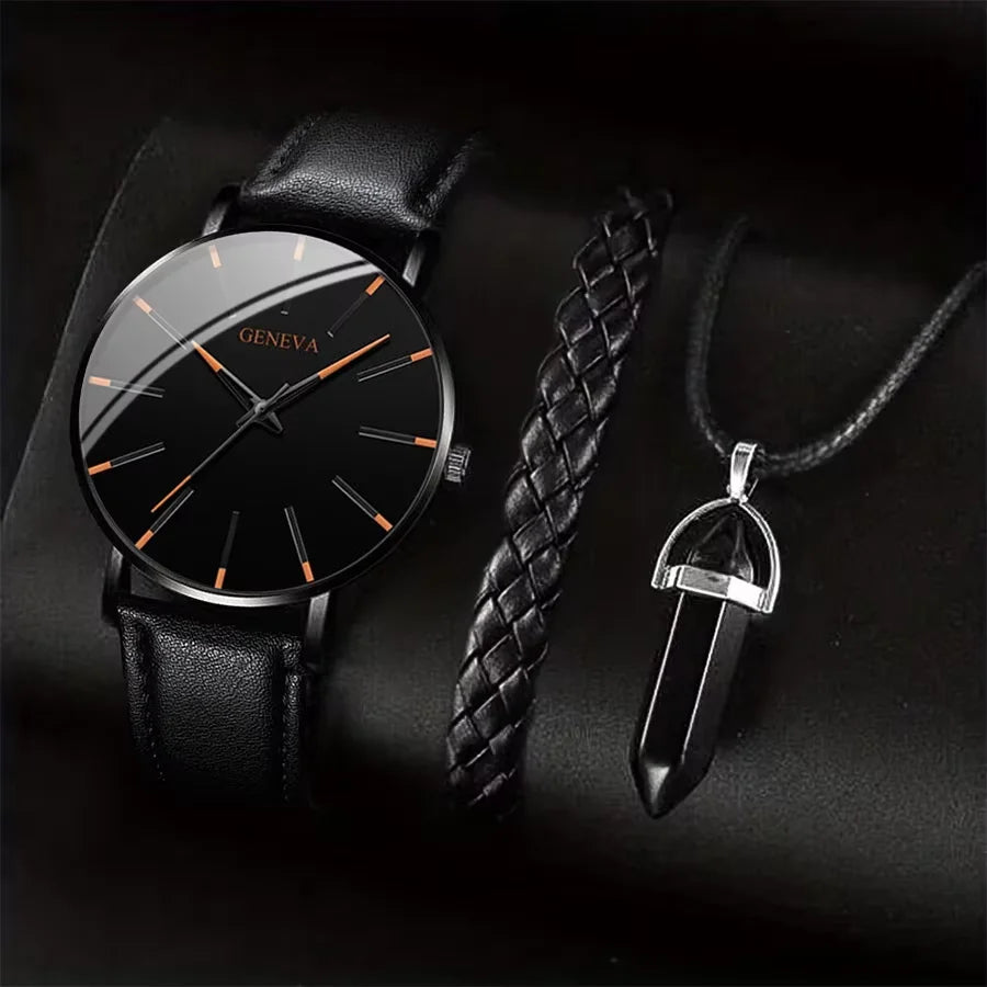 Coffret 3 Pièces Homme Montre Quartz Cuir + Bracelet + Collier – Set Business Fashion Élégant