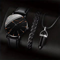 Coffret 3 Pièces Homme Montre Quartz Cuir + Bracelet + Collier – Set Business Fashion Élégant