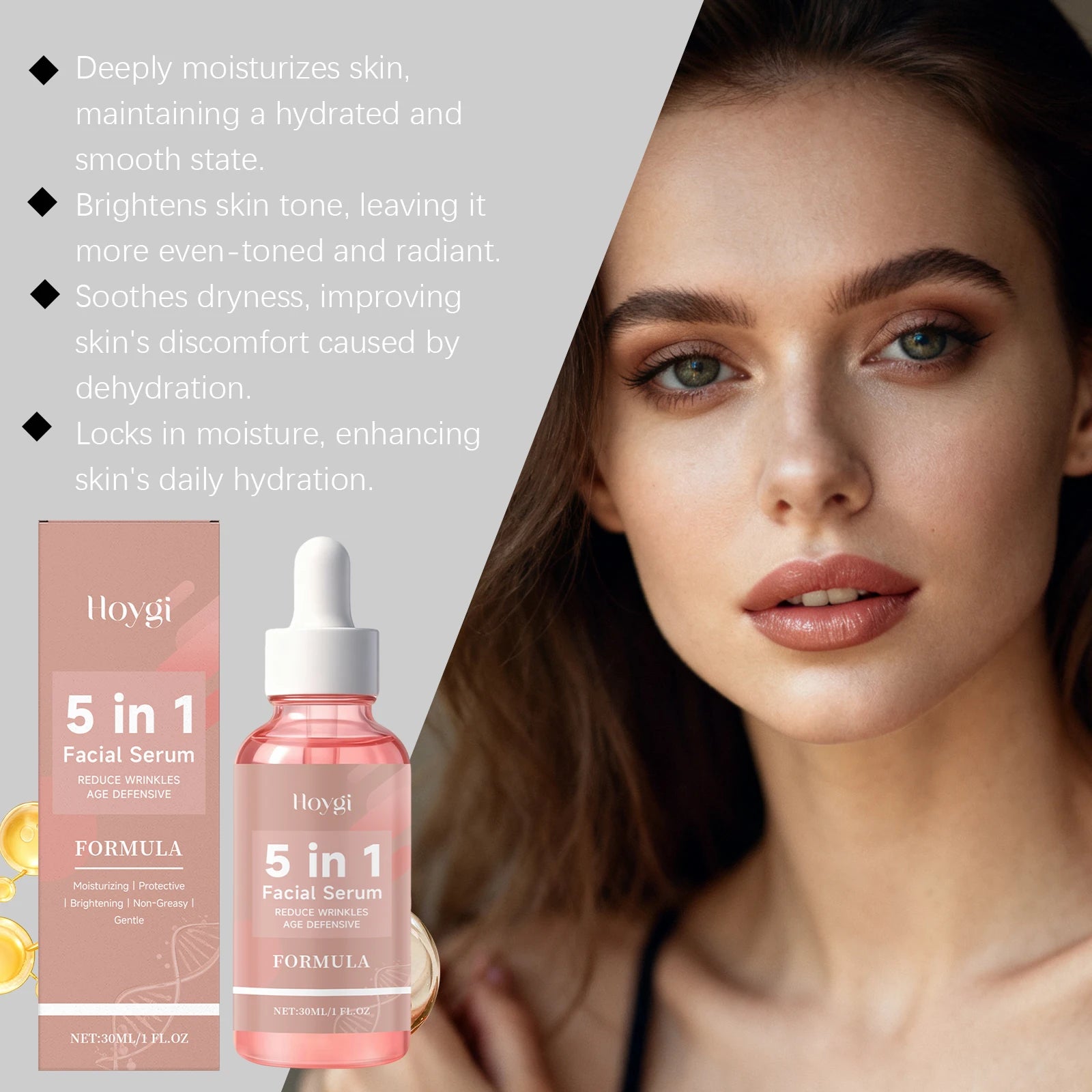HOYGI Sérum Visage 5-en-1 – Vitamine E Collagène Anti-Rides Raffermissant Hydratant Éclat Pores
